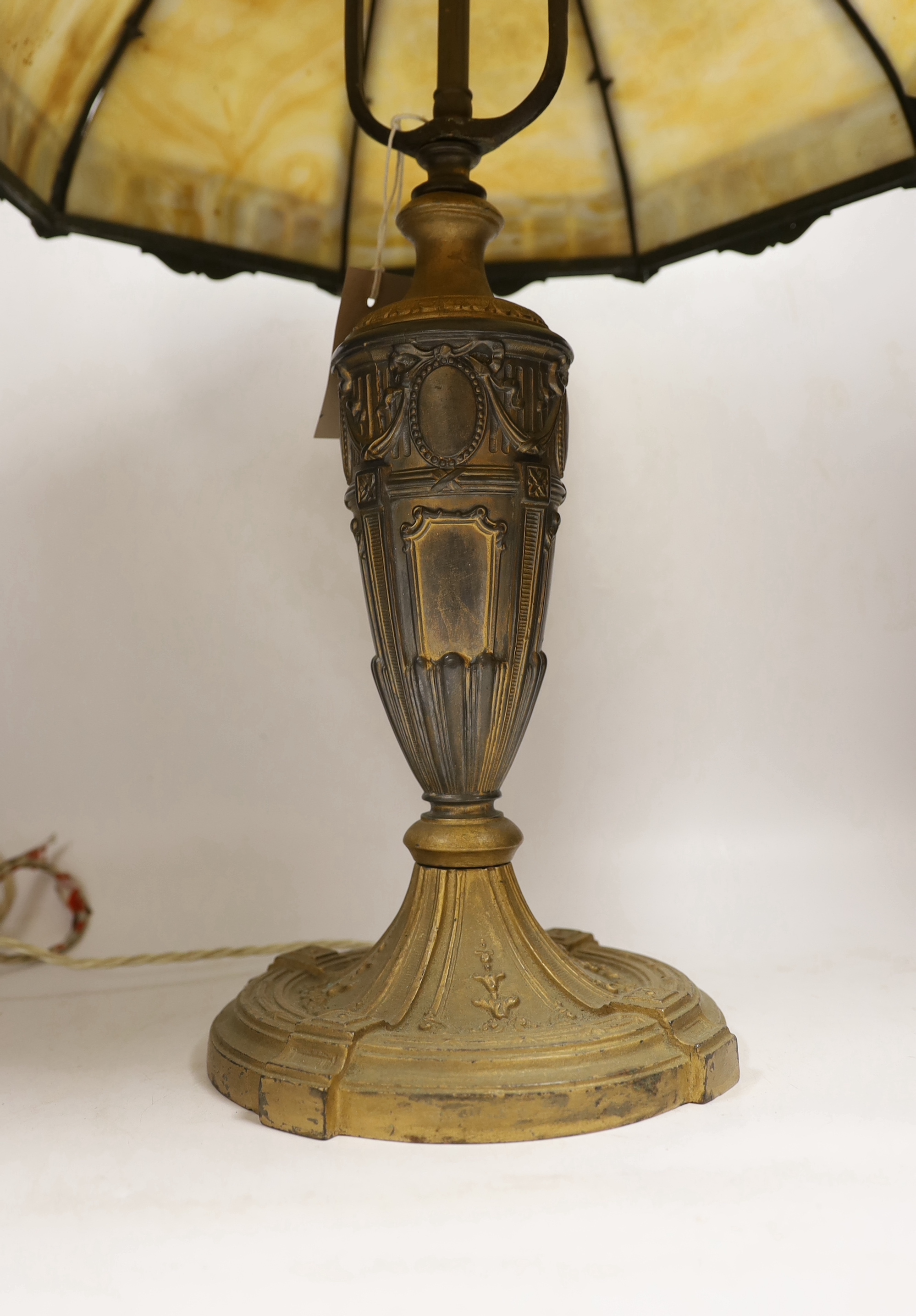 A Louis XVI style gilt spelter table lamp with octagonal Tiffany style glass shade, 58cm high